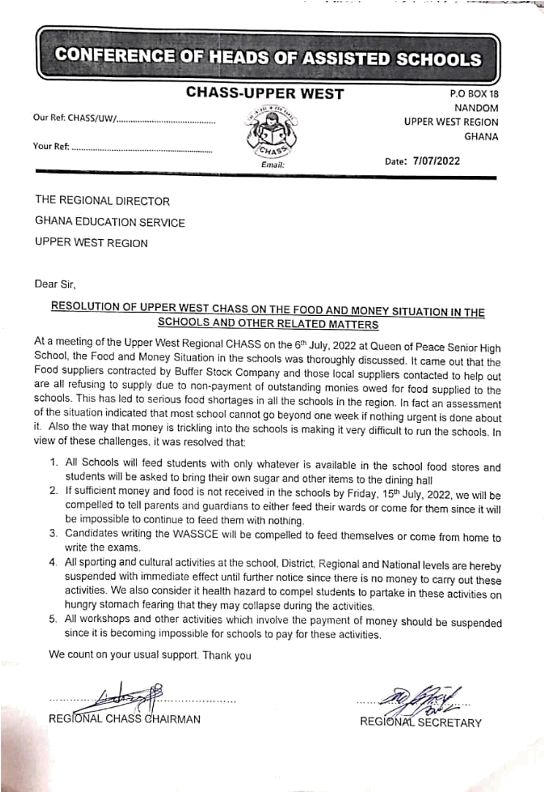 A letter explaining the poor feeding habit, an example of poor working conditions at a school in the Upper West of Ghana.