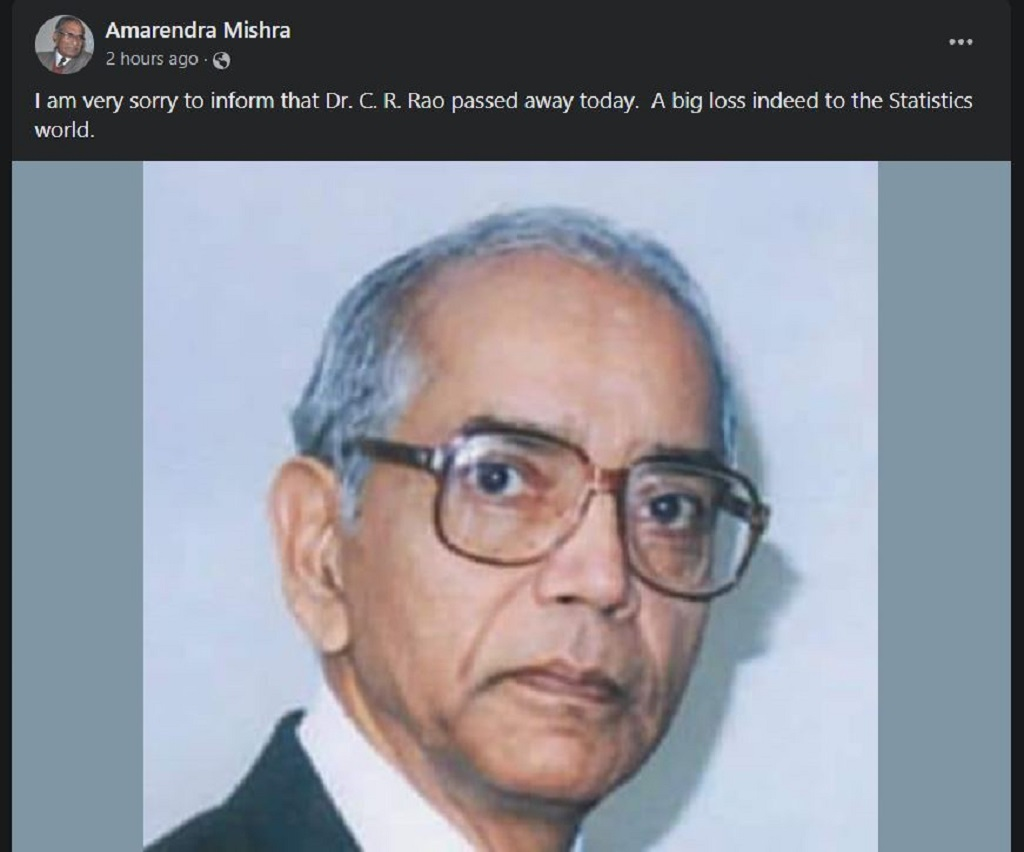 Cause of Dr CR Rao death. (image credit: Amarendra Misha Facebook)